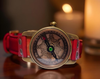 Vintage Compass Watch: Engraved Leather Strap Adventure Timepiece