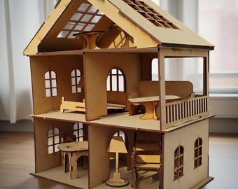 Wooden Dollhouse Plywood DIY Kit with Furniture