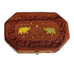 Indian Essence - Wooden Handmade Jewelry Box - Traditional Vintage Elephant Design Keepsake Box Multipurpose Use as Gift for Men & Women