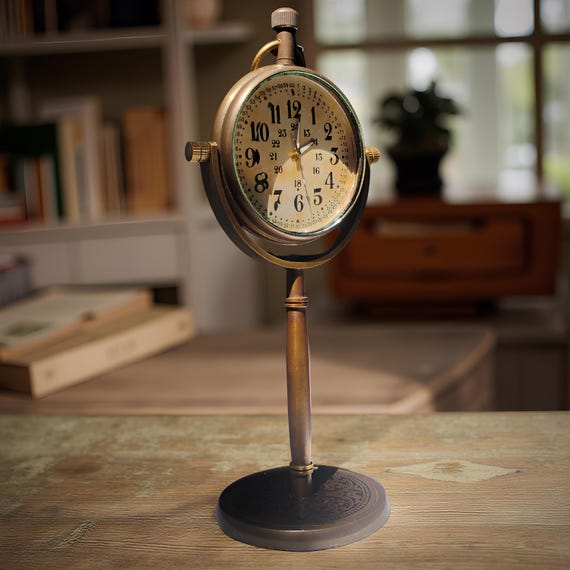 Vintage Brass Table Clock: Rustic Antique Pole Stand Design
