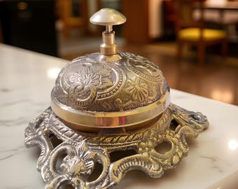 Vintage Solid Brass Table Bell - Embossed Floral Reception Desk Bell