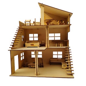Wooden Dollhouse Plywood DIY Kit with Furniture and Stairs