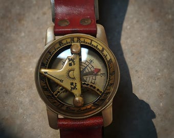 Vintage Steampunk Wristwatch – Handmade Brass Sundial Compass Watch, Antique Timepiece Gift