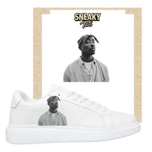 May include: White sneakers featuring a black and white image of a person wearing a bandana and a shirt with a cross necklace. The sneakers have a thick white sole and laces. The text "SNEAKY Tats" is above the image.