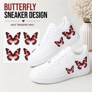 May include: White sneakers with red butterfly designs. The sneakers have a classic design with a low profile and lace-up closure. The butterflies are red with black and white details. The text "BUTTERFLY SNEAKER DESIGN" and "HEAT TRANSFER VINYL" is visible.
