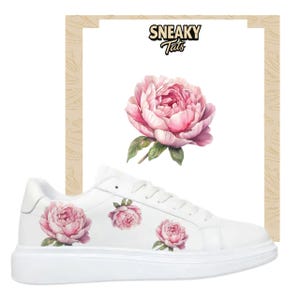 May include: White trainers decorated with pink peony floral designs. The shoes have a thick white sole and a classic lace-up design. The image also includes a peony graphic and the text "Sneaky Tats".