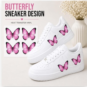 May include: White sneakers with pink butterfly designs. The image shows a pair of white sneakers with pink butterfly decals, along with a sheet of butterfly decals. The text "BUTTERFLY SNEAKER DESIGN" is at the top of the image.