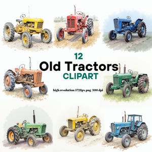 Puede incluir: Un conjunto de 12 imágenes prediseñadas de acuarela de tractores antiguos en varios colores, incluyendo amarillo, rojo, azul, verde y naranja. El texto "12 Old Tractors CLIPART" se muestra en el centro de la imagen.