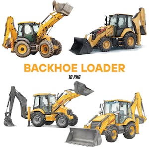 May include: Four yellow backhoe loaders in different positions, with raised and lowered buckets. The image includes the text "BACKHOE LOADER" and "10 PNG". The machines have black and gray accents.