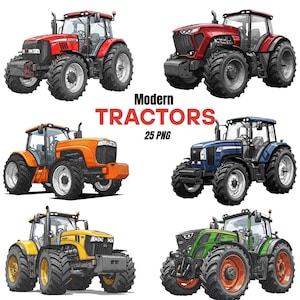 Könnte beinhalten: Sechs Illustrationen moderner Traktoren in verschiedenen Farben, darunter Rot, Orange, Blau, Gelb und Grün. Das Bild enthält den Text "Modern Tractors 25 PNG" in Rot und Weiß.