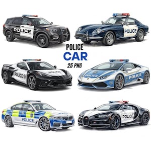 Può includere: Illustrazione di sei diverse auto della polizia, tra cui un SUV nero, un'auto d'epoca blu, un'auto sportiva in bianco e nero, una Lamborghini blu e bianca, una berlina blu e gialla e una Bugatti in bianco e nero. Il testo "POLICE CAR 25 PNG" è presente.