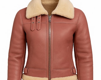 Women's Dusty Rose Shearling Leather Aviator Jacket with Fur Collar - B3 Bomber Jacket