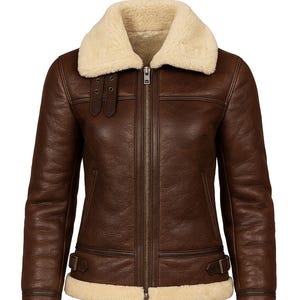 Brown shearling leather jacket for women with fur collar and zip front – Eagle Vogue aviator bomber coat