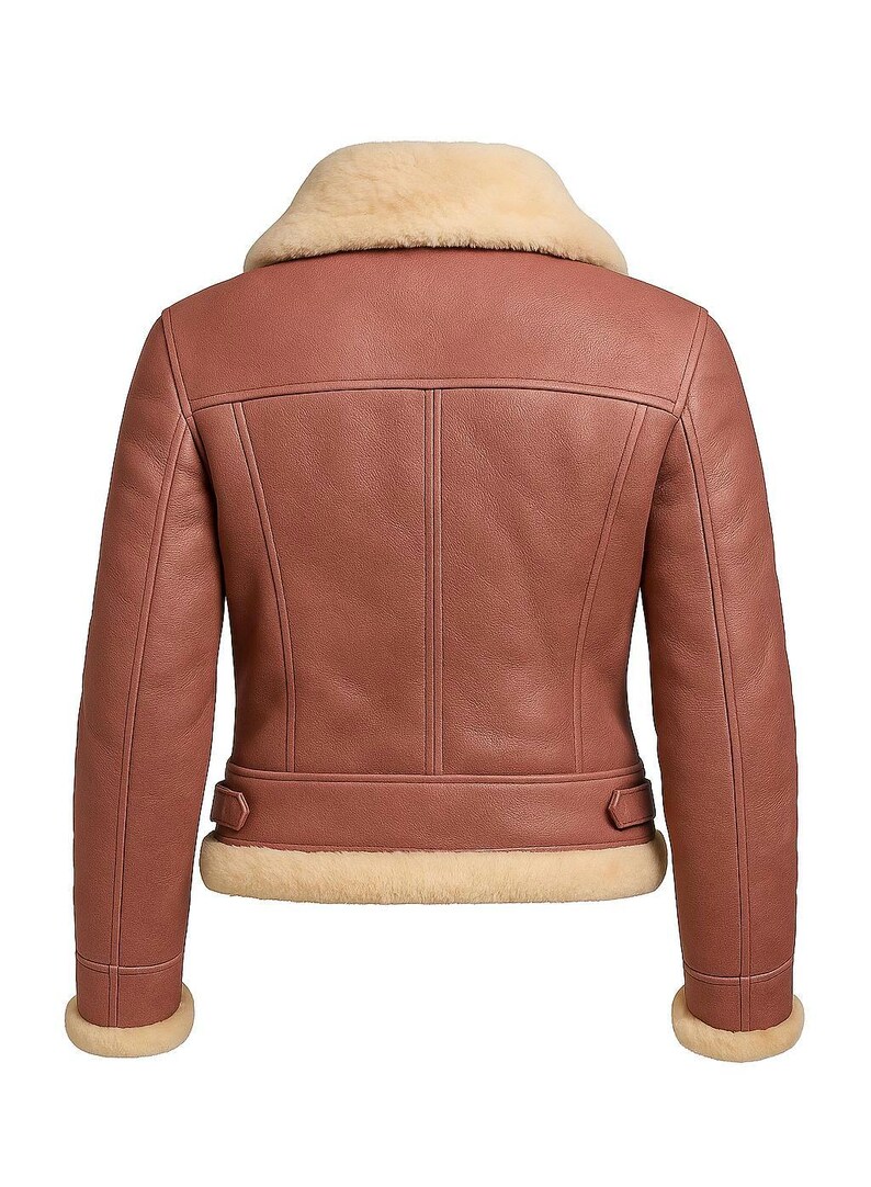 Women's Dusty Rose Shearling Leather Aviator Jacket with Fur Collar - B3 Bomber Jacket image 2