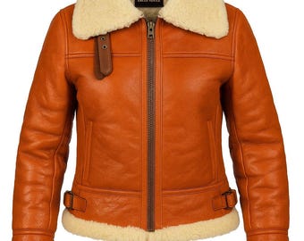 Women's Mustard Orange Shearling Leather Aviator Jacket with Fur Collar - B3 Bomber Jacket