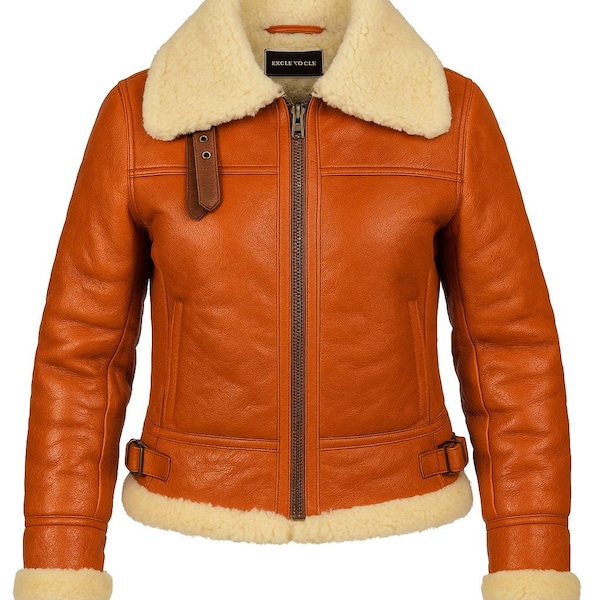 Damen Senf Orange Shearling Leder Fliegerjacke mit Pelzkragen - B3 Bomberjacke
