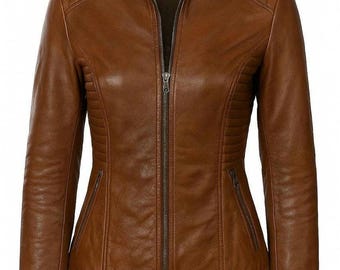 Women's Brown Lambskin Leather Biker Jacket - Women's Fitted Moto Style