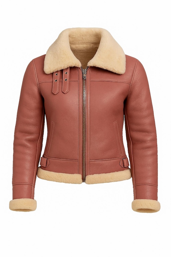 Women's Dusty Rose Shearling Leather Aviator Jacket with Fur Collar - B3 Bomber Jacket