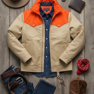 May include: A flat lay of a tan and orange jacket, denim shirt, jeans, brown belt, cowboy boots, a hat, sunglasses, a watch, wallet, and a red bandana. The items are arranged on a wooden surface, creating a rustic, western-inspired theme.