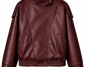 Oversized Burgundy Sheepskin Leather Jacket | Black Oversized Women's Jacket