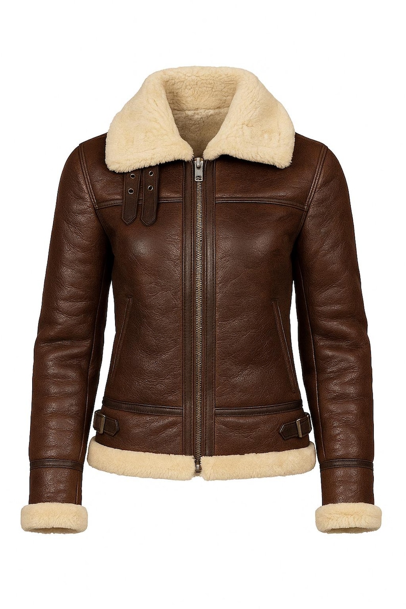 Brown shearling leather jacket for women with fur collar and zip front – Eagle Vogue aviator bomber coat