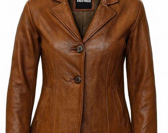Women's Leather Blazer - Women's Brown Two-Button Jacket