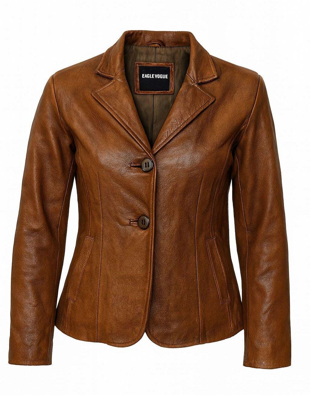 Women's Leather Blazer - Women's Brown Two-Button Jacket