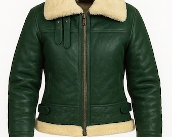 Green Shearling Leather Aviator Jacket - Women's Sheepskin Bomber Coat