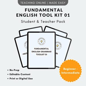May include: A digital English grammar toolkit for students and teachers. The image shows a stack of tablets with the text "FUNDAMENTAL ENGLISH TOOL KIT 01" and "Beginner - Intermediate". The toolkit includes editable content for print or digital use.
