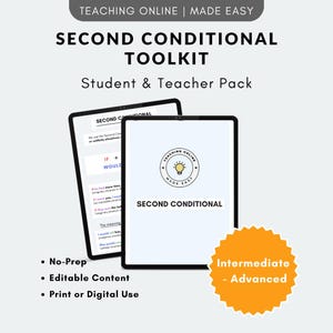 Op de afbeelding: Twee digitale tablets met educatieve inhoud. De tekst op de tablets luidt "SECOND CONDITIONAL TOOLKIT" en "Student & Teacher Pack". Extra tekst omvat "No-Prep", "Editable Content" en "Print or Digital Use". Een oranje ster duidt op een gemiddeld tot gevorderd niveau.