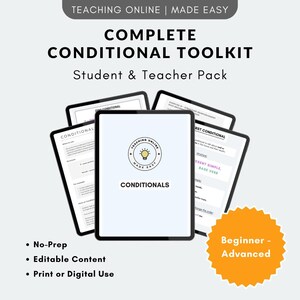May include: A digital toolkit for teaching conditionals, with a tablet displaying "CONDITIONALS" and other tablets showing lesson content. The image includes the text "TEACHING ONLINE | MADE EASY" and "COMPLETE CONDITIONAL TOOLKIT". A beginner to advanced level is indicated.