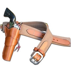 ハンドメイドウエスタン右手用新品ホルスターギフト。レザーリボルバーホルスター、ベルト付き。シングルホルスターベルト。右手用。5～7インチまでのバレルにフィット。