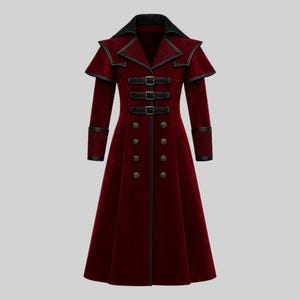 Handmade Gothic Steampunk Long Coat | Burgundy Velvet Victorian Trench | Halloween Costume Jacket for Men & Women