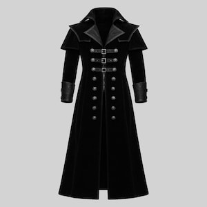 Black Velvet Gothic Vampire Long Coat | Steampunk Trench Jacket | Men’s Halloween Costume | Victorian Gothic Coat