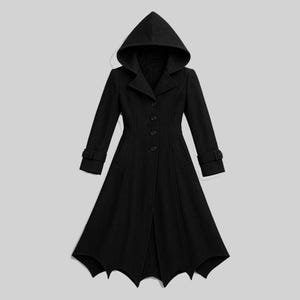 Hooded Gothic Trench Coat: Handmade Black Cotton Wool Steampunk Jacket