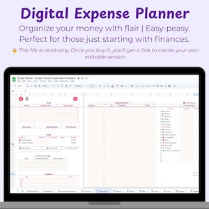Puede incluir: Un planificador de gastos digital que se muestra en la pantalla de un portátil. La pantalla muestra una plantilla de hoja de cálculo con secciones para ingresos, gastos y asignación presupuestaria. El texto en la parte superior dice "Digital Expense Planner".