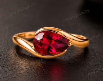 Solitaire East West Ring, Pear Cut Ruby Diamond Wedding Ring, Yellow Gold Bypass Shank Ring, Engagement Promise Ring, Gift For Her