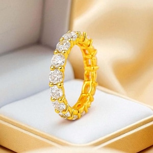 Gold Moissanite Eternity Band – Round Cut Full Eternity Ring – Dainty Wedding Band – Stacking Anniversary Ring – 14K Gold Promise Ring
