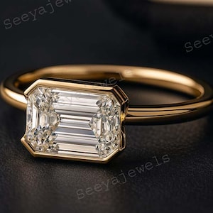 Bague de fiançailles en moissanite taille émeraude vintage, bague de mariage solitaire demi-lunette, bague faite main, bague d'anniversaire, cadeau pour elle, bijoux de mariée