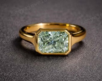 Bezel Set 2 Ct East West Radiant Cut Green Amethyst Engagement Ring, Crushed Ice Radiant Cut Ring, Elongated Radiant, Solitaire Ring