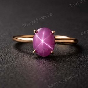 Anillo solitario ovalado con rubí estrella, anillo de plata maciza con cabujón de rubí rojo, anillo de aniversario con rubí estrella Lindy, regalo de aniversario
