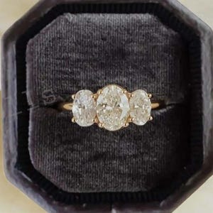 Three Stone Moissanite Engagement Ring, Vintage Solid Yellow Gold Unique Oval Wedding Ring, Simple Ring Bridal Anniversary Promise Ring