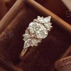 2.5Ct Oval Cut Moissanite Engagement Ring, Vintage Marquise Cluster Ring, Brilliant Moissanite Ring, Gold Plated Bridal Promise Jewelry