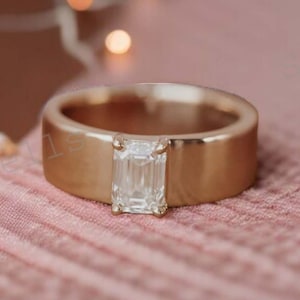 Emerald Cut Moissanite Ring, 14K Rose Gold Wedding Band, Gold Wide Band Ring, Classic Wedding Band for Women, Cigar Band Ring, Thick Band