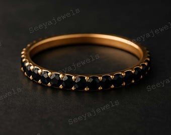 Dainty Black Onyx Full Eternity Wedding Band, 14k Solid Gold Ring, Holiday Gift For Women, Stackable Women's Jewelry, Art Deco Delicate Band