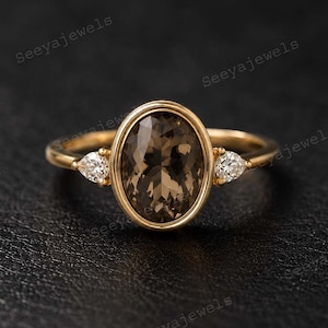 Petite Oval Cut Smoky Quartz Diamond Three Stone Engagement Ring, 18K Solid Gold Promise Ring, Dainty Minimalist Jewelry Anniversary Gift