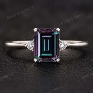 Emerald Cut Alexandrite Diamond Ring, White Gold Engagement Ring, Color Changing Alexandrite Promise Ring, Bridal Jewelry, Anniversary Gift