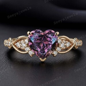 Vintage Heart Cut Alexandrite Engagement Ring, Diamond Cluster Infinity Twist Ring, 14K Solid Gold Bridal Ring, Dark Romantic Gift for Love