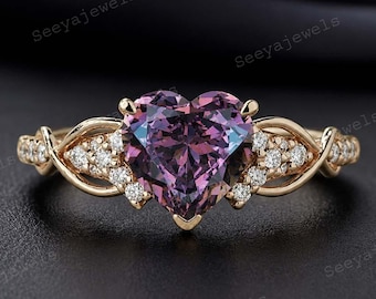 Vintage Heart Cut Alexandrite Engagement Ring, Diamond Cluster Infinity Twist Ring, 14K Solid Gold Bridal Ring, Dark Romantic Gift for Love