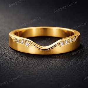 Bold 14k Solid Gold Chevron Diamond Ring, U Shaped Stacker, Minimalist Wide Band for Everyday Wear, Perfect Anniversary Gift For Love